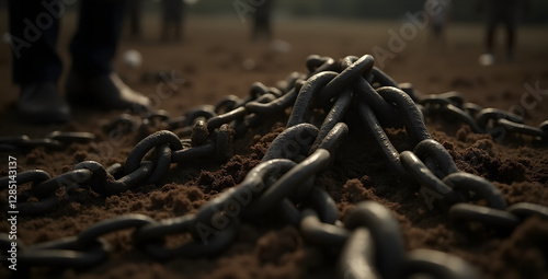 A recreation of slavery with chains and cotton fields, symbolizing the brutality and historical impact of slavery.