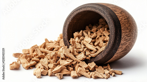 Wooden bowl filled with dried shatavari (asparagus racemosus) root pieces photo