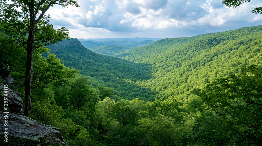 Fototapeta premium mountain slopes with lush green trees and a rugged, rocky terrain visible through the foliage