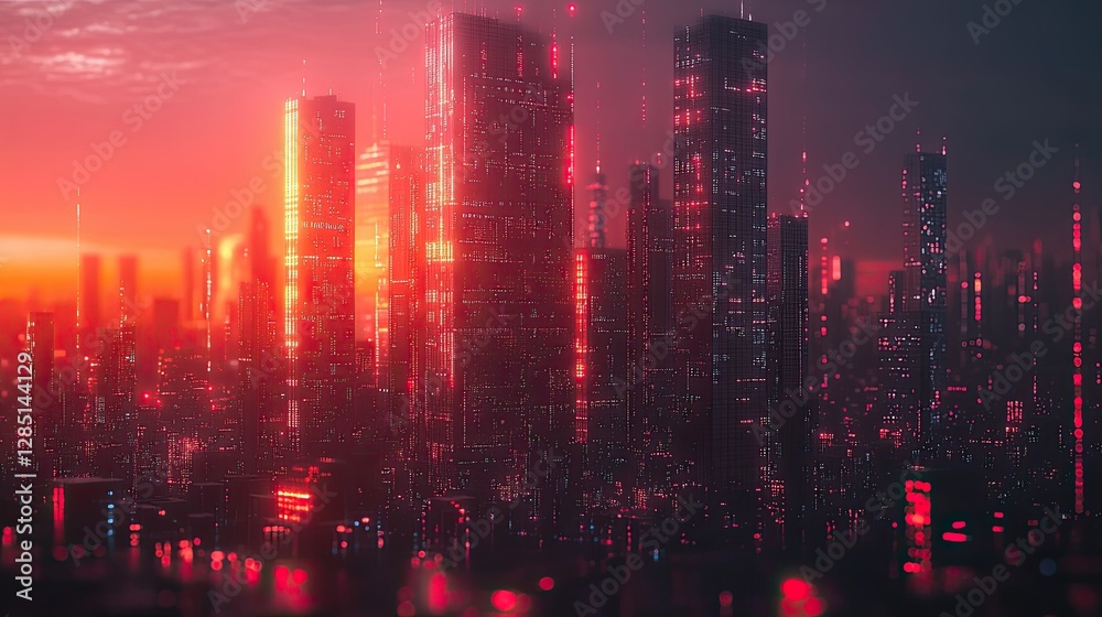 Fototapeta premium Futuristic City Buildings Illuminated Under A Crimson Evening Sky