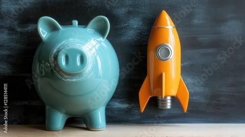 Modern Piggy Bank and Orange Rocket with Chalkboard Background for Financial Concepts