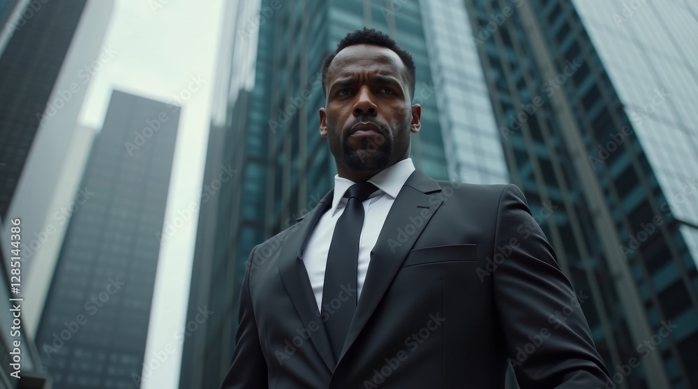 A confident man in a black suit standing in an urban setting, with towering skyscrapers in the background. Ideal for business, professional, and success-themed visuals. A confident man in a black suit standing in an urban setting, with towering skyscrapers in the background. Ideal for business, professional, and success-themed visuals.