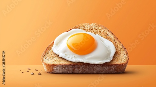 A single slice of toasted bread with a sunnysideup egg on top, set against an orange background.