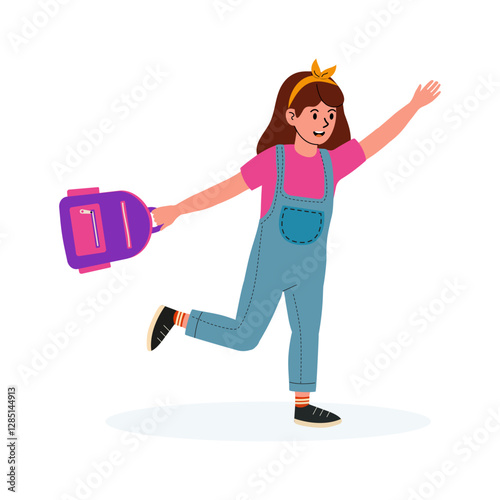 Young girl happily walking with a backpack in a cheerful and playful manner