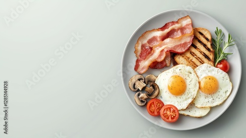 A plate of breakfast food including fried eggs, bacon, mushrooms, tomatoes, and grilled bread.