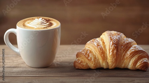 A white cup of latte with a leaf design in the foam is placed next to a freshly baked croissant on a wooden ta