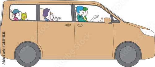 側面から見たミニバンの車内。笑顔で楽しくドライブする家族。