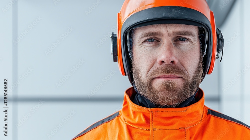 Serious Man in Protective Gear, Indoor Setting, Professional Look, Potential for Safety or Industrial Theme Serious Man in Protective Gear, Indoor Setting, Professional Look, Potential for Safety or Industrial Theme