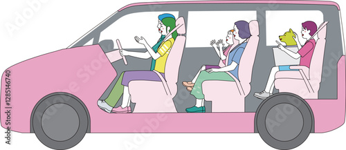 側面から見たミニバンの車内。笑顔で楽しくドライブする家族。