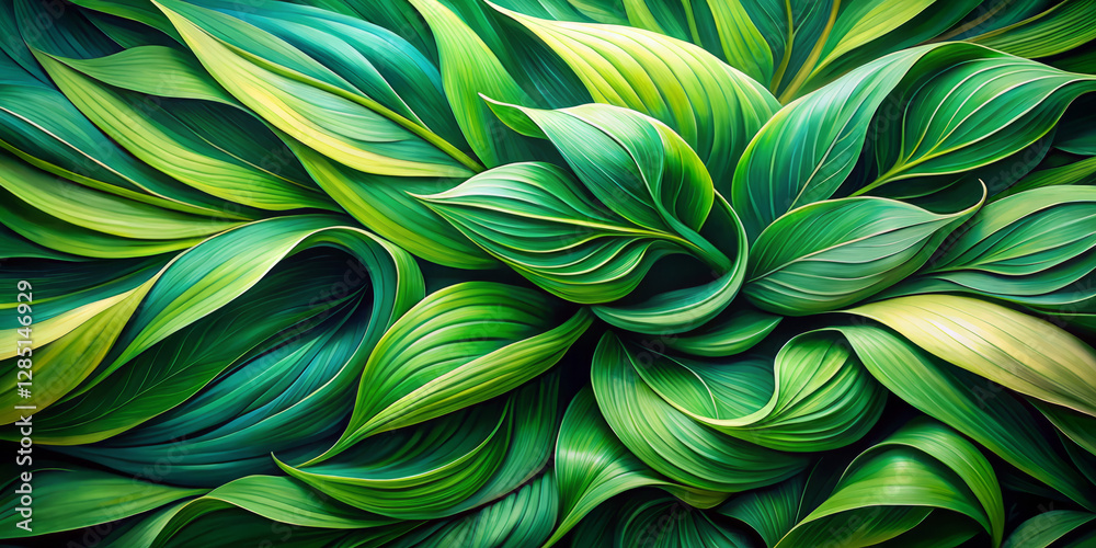 Vibrant green leaves sprawl across canvas, showcasing their curled and textured forms Vibrant green leaves sprawl across canvas, showcasing their curled and textured forms