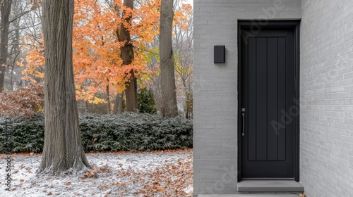 Modern Black Front Door  Gray Brick Exterior  Autumn Landscape photo