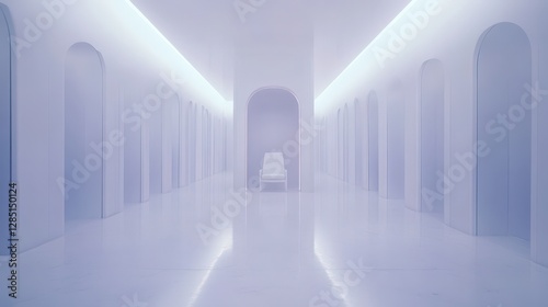 Serene Minimalist Room with White Chair and Soft Lighting Effects