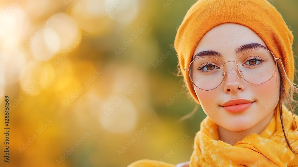 Fototapeta premium Captivating young woman in orange attire autumn park portrait natural light close-up serenity