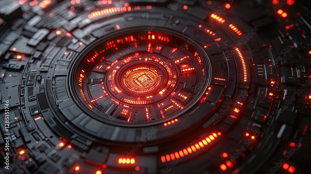 A futuristic glowing red and dark metallic technological structure appears A futuristic glowing red and dark metallic technological structure appears