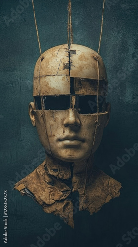 Cruelty grunge, A detailed image of a marionette with tightly wrapped strings, showcasing high fidelity and clarity.