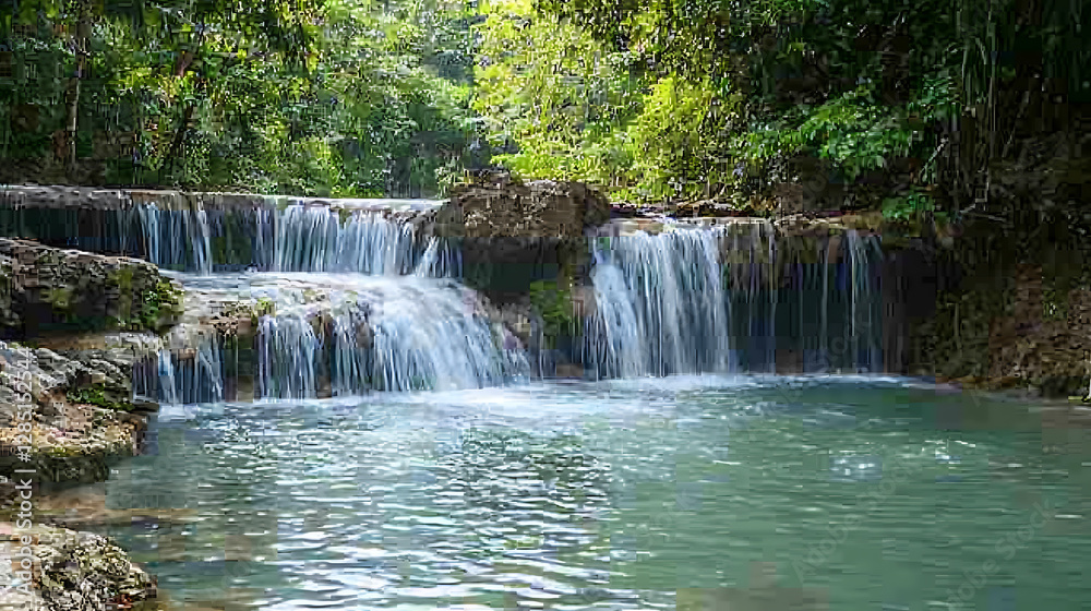 Fototapeta premium Towering waterfalls cascade over rocky cliffs into an emerald jungle lagoon