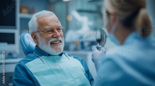 Elderly man smiles during a visit to the dental clinic, looking at his white teeth in the mirror. International Dentist’s Day concept