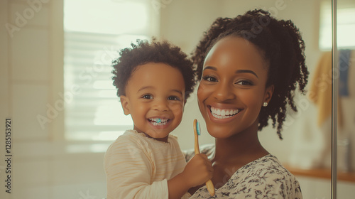 Loving mother and her little son smiling together at home in the bathroom. The kid's got two-color toothpaste on his teeth. International Dentist’s Day concept