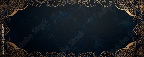 Ornamental gold design surrounds a dark blue textured background