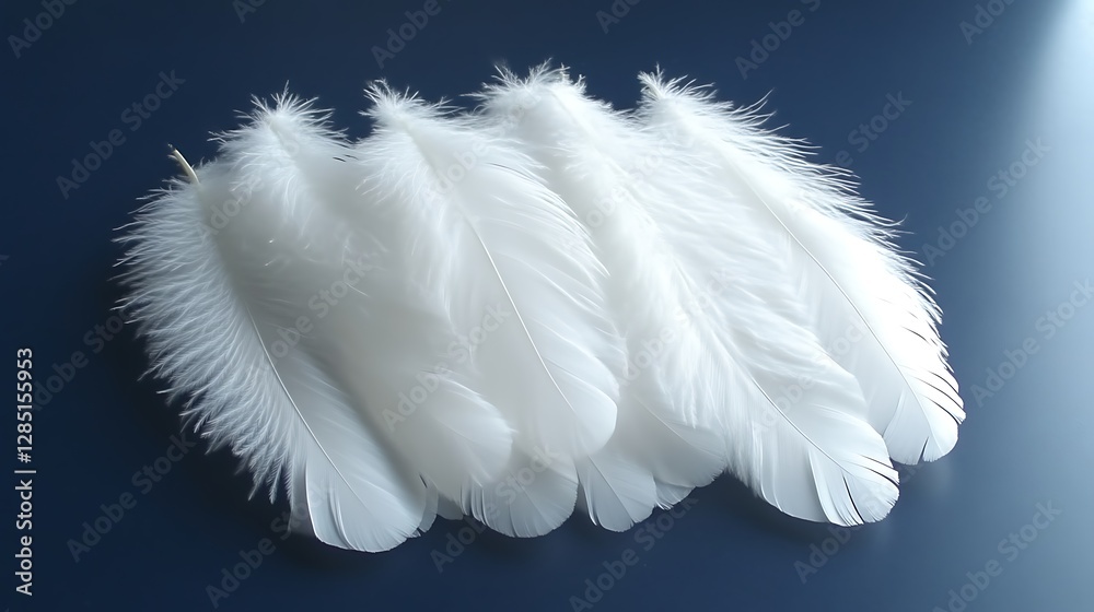 Naklejka premium Five Delicate White Feathers Against A Dark Blue Background