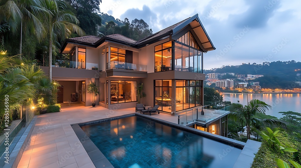 Fototapeta premium Luxurious modern villa with pool overlooking scenic waterfront at dusk