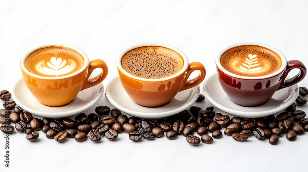 Three coffee drinks, latte art, beans, white background Three coffee drinks, latte art, beans, white background