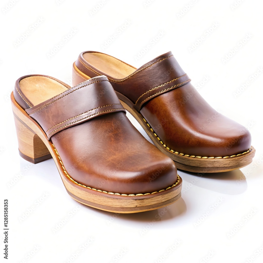 Elegant Brown Leather Clogs with Wooden Heel for Fashionable Footwear Style and Comfort Elegant Brown Leather Clogs with Wooden Heel for Fashionable Footwear Style and Comfort