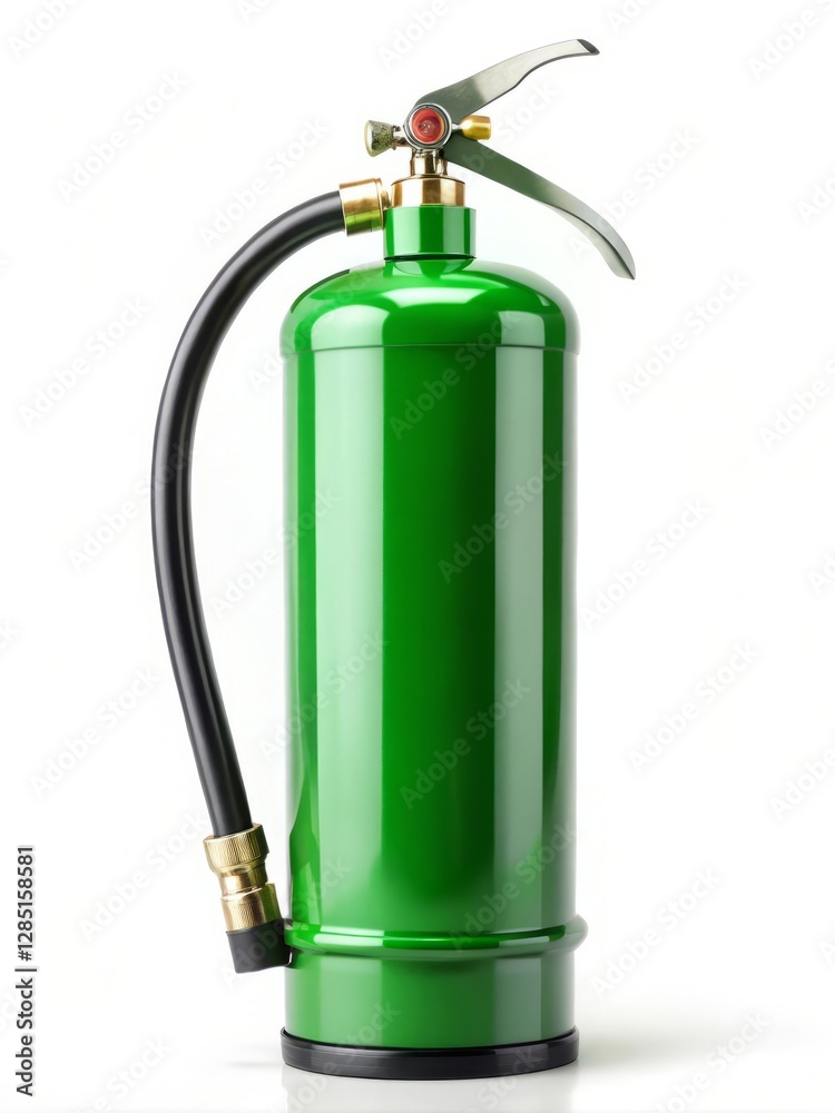 Obraz premium Green Fire Extinguisher with Red Trigger and Black Hose Isolated on White Background