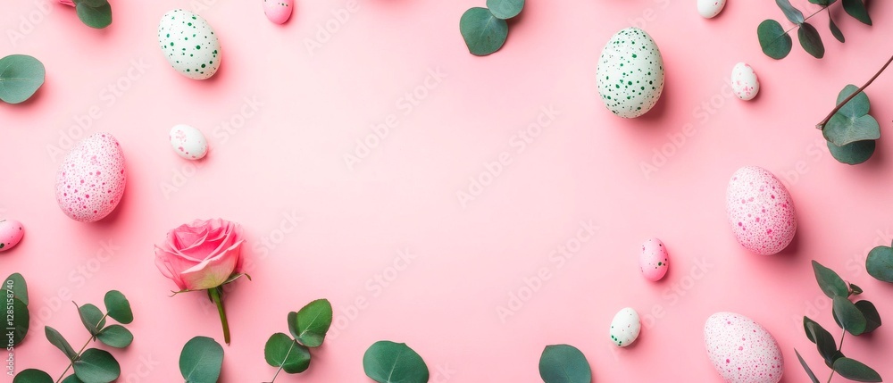 Easter eggs, eucalyptus leaves, and a pink rose create a festive spring atmosphere on a pastel pink background. Easter eggs, eucalyptus leaves, and a pink rose create a festive spring atmosphere on a pastel pink background.
