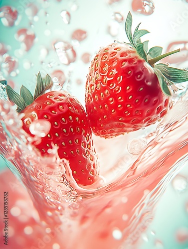 Fresh strawberries splashing in water with droplets creating a vibrant and refreshing scene : Generative AI
