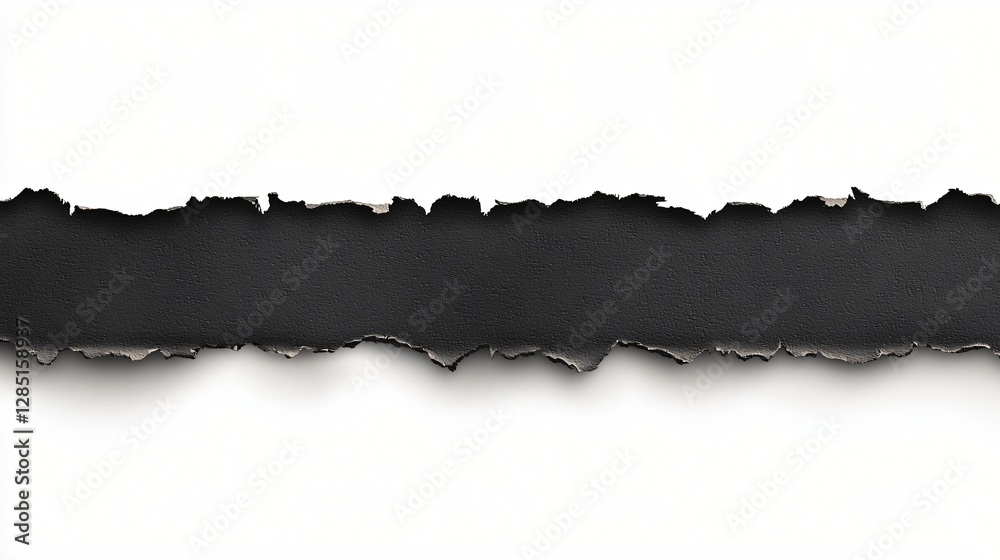 Torn black paper strip on white background, design element