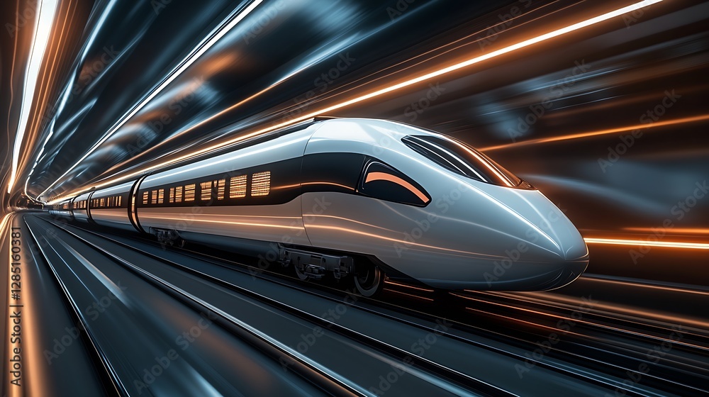 Fototapeta premium Sleek modern train featuring bold design racing through a dynamic urban landscape : Generative AI