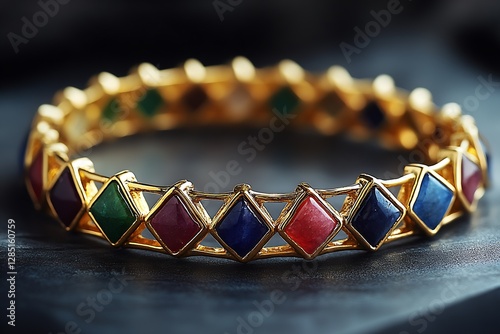 Artistic close shot of a vibrant golden bracelet with colorful gemstone insets reflecting light : Generative AI