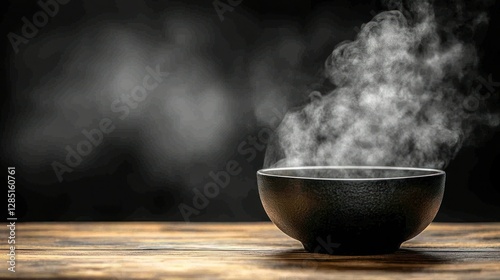 Steaming black bowl on wooden table, dark background photo