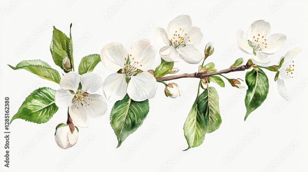 Fototapeta premium A detailed illustration of apple blossoms on a branch with leaves.
