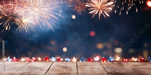 Fireworks over Wooden Tabletop