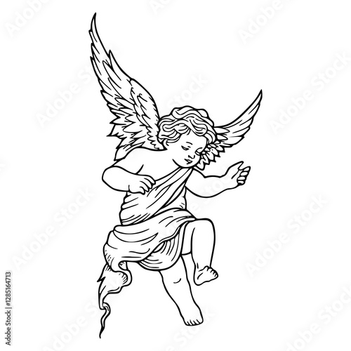 a black and white drawing of an angel with wings