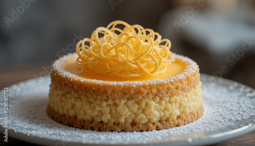 Close-up of Künefe topped with spun sugar art, creating an intricate golden nest that adds height and elegance to the dessert