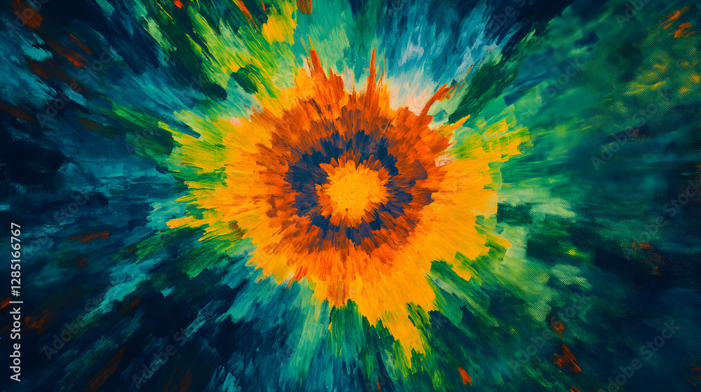 burst of colors in a circular pattern, with bold and vivid tones of green, blue, and orange radiating outward burst of colors in a circular pattern, with bold and vivid tones of green, blue, and orange radiating outward