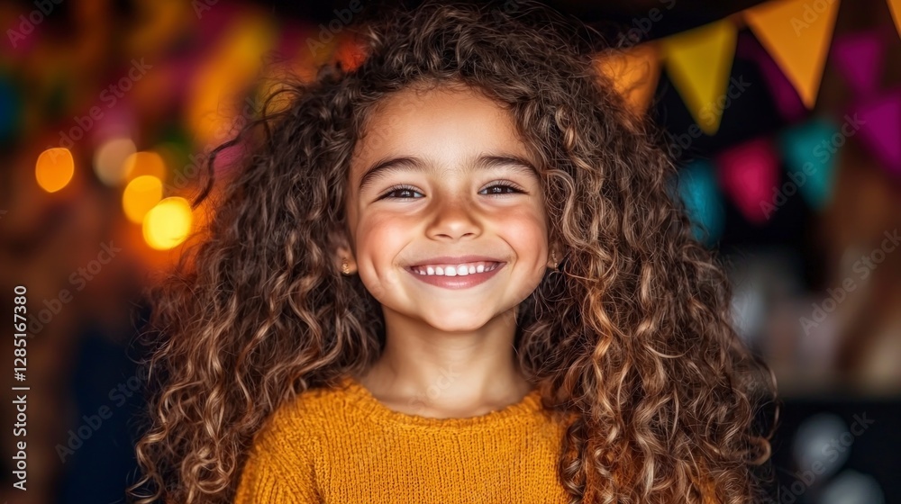 Happy Child Curly Hair Smiling Girl Festive Background Portrait Happy Child Curly Hair Smiling Girl Festive Background Portrait