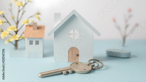 a house key is sitting next to a house shaped keychain and a house shaped key holder with a tree in the background, Enguerrand Quarton, arts and crafts movement, product photo, a stock photo