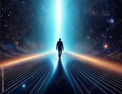 una silueta humana caminando al posible mejor futuro para mundo luego de un gran salto cuántico, 4k, realista, alegre, paz, calma, luminoso