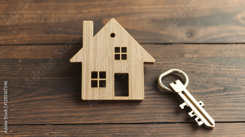 a house key is sitting next to a house shaped keychain and a house shaped key holder with a tree in the background, Enguerrand Quarton, arts and crafts movement, product photo, a stock photo