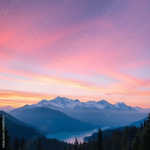 A serene sunrise illuminating snow-covered mountain peaks and a calm lake, reflecting the soft pink and orange hues of the sky, surrounded by lush evergreen forests.