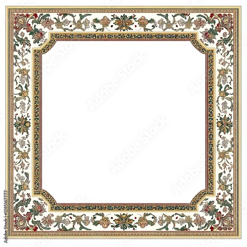 A rectangular picture frame with an ornate, traditional middle eastern pattern border on the edges and white background colors like golds, greens, reds, blues, pinks, yellows, or other earth tones.