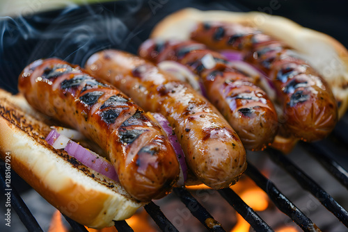 Close up of Sausage Sizzle, sausages cooking in the grill, a popular food in Australia.