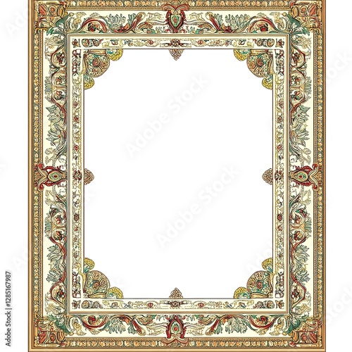 A rectangular picture frame with an ornate, traditional middle eastern pattern border on the edges and white background colors like golds, greens, reds, blues, pinks, yellows, or other earth tones.