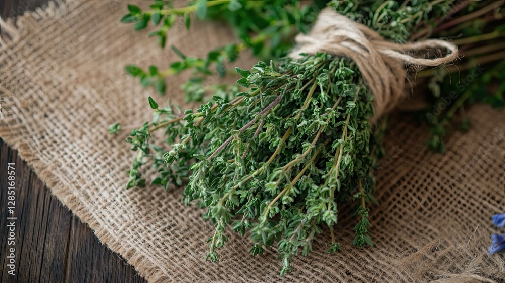 Manga style thyme bouquet with rustic wood and twine, candid photo illustrating a blend of nature, rustic charm, and playful illustration styles Manga style thyme bouquet with rustic wood and twine, candid photo illustrating a blend of nature, rustic charm, and playful illustration styles