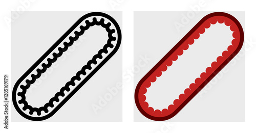 Minimalist icon of a drive belt in black-and-white and red styles. Features a looped belt with detailed teeth. Perfect for automotive graphics, repair shop branding, and mechanical infographics.