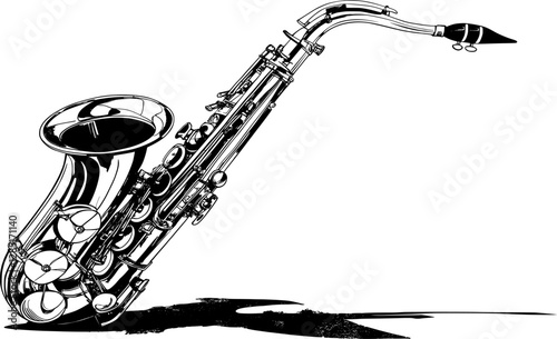 This is a black and white illustration of a saxophone, showcasing its elegant curves and classic design